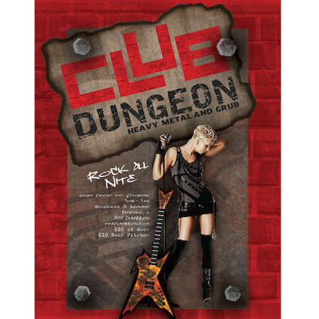 Club Dungeon marketing design showing poster on a red brick wall