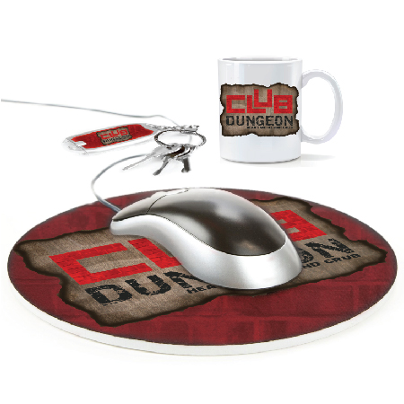 Club Dungeon logo on coffee cup, keychain, and mouse pad. 