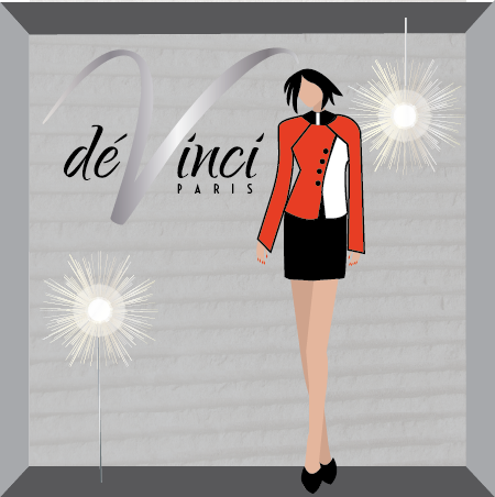 DeVinci storefront window display with mannequin in skirt suit.