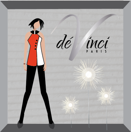 DeVinci storefront window display with mannequin in a pantsuit