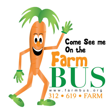 Farm Bus post card design, with carrot character waving.