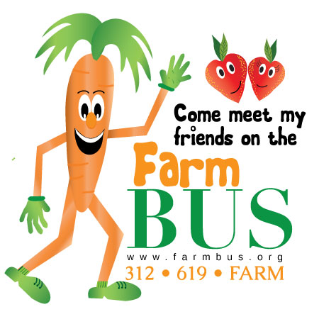 Farm Bus post card design, with carrot character waving to strawberry characters.