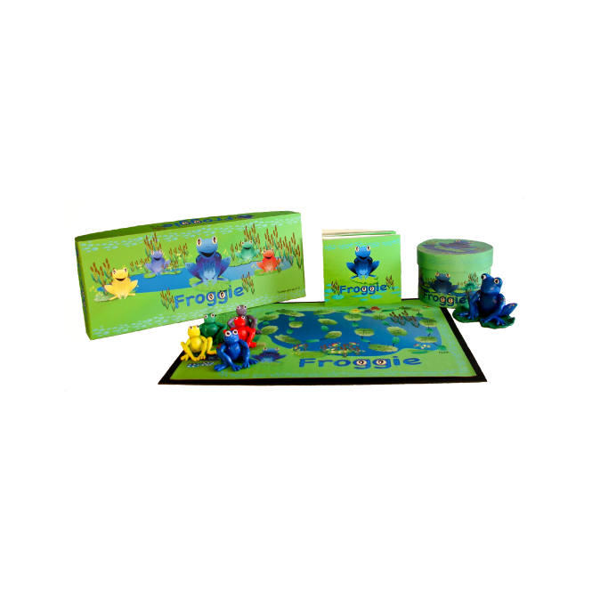 Package design showing Froggie boardgame, game pieces and packaging,
                storybook, Froggie toy with packaging.