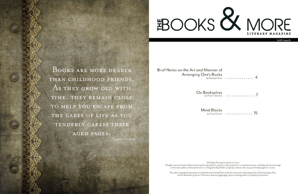 Books and More magazine two page spread of content page.