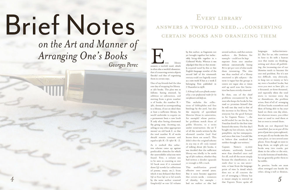 Books and More magazine two page spread of Brief Notes article by Georges Perec.