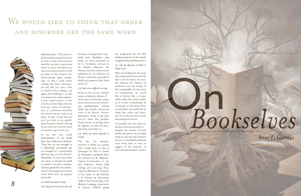 Books and More magazine two page spread of On Bookshelves article by Anne F. Gareila.