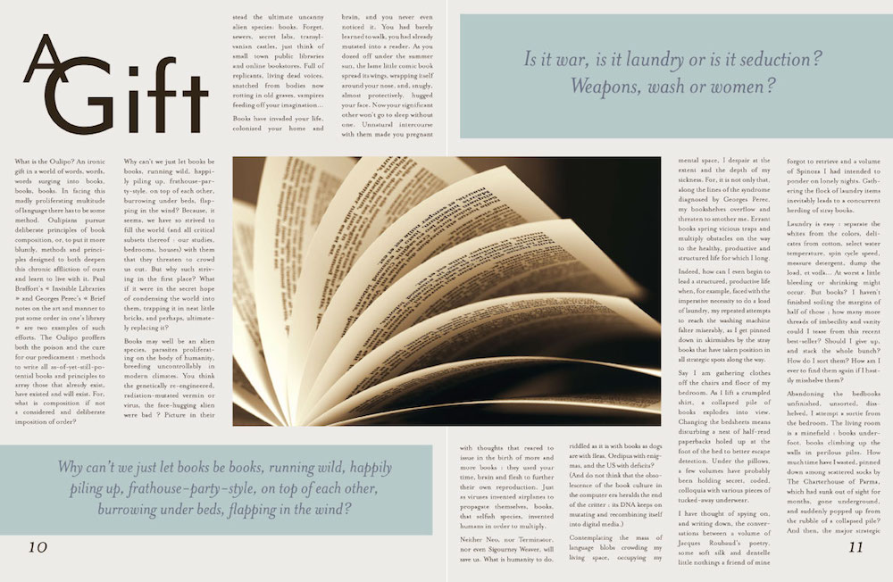 Books and More magazine second, two page spread of On Bookshelves article by Anne F. Gareila.