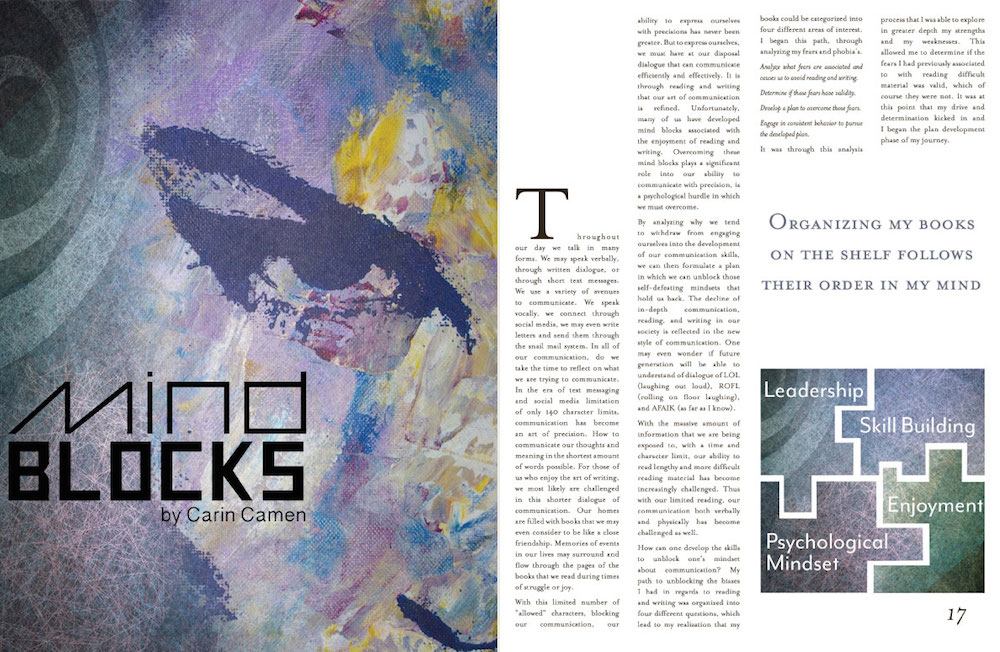 Books and More magazine fifth, two page spread of On Bookshelves article by Anne F. Gareila.