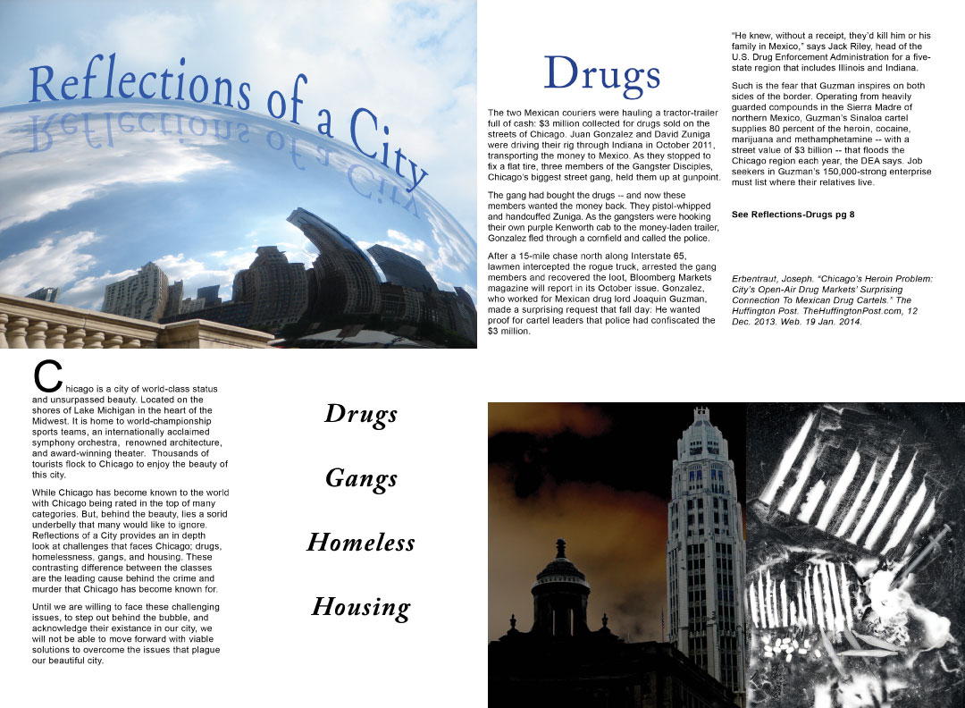 Chicago Now magazine 2 page layout design of article,
             Reflections of a City - Drugs,  written by Carin Camen.