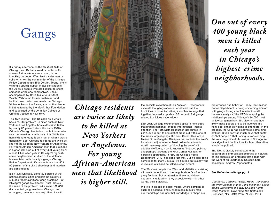 Chicago Now magazine second, 2 page layout design of article,
             Reflections of a City - Gangs written by Carin Camen.