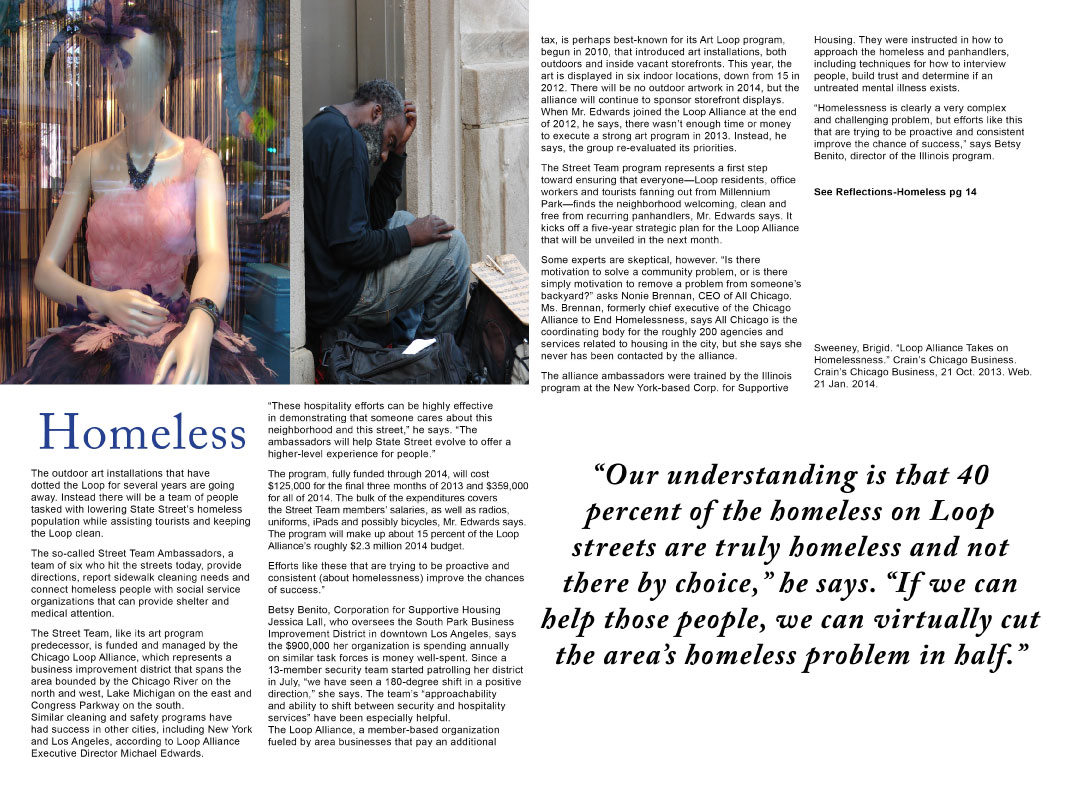 Chicago Now magazine third, 2 page layout design of article,
             Reflections of a City - Homeless written by Carin Camen.