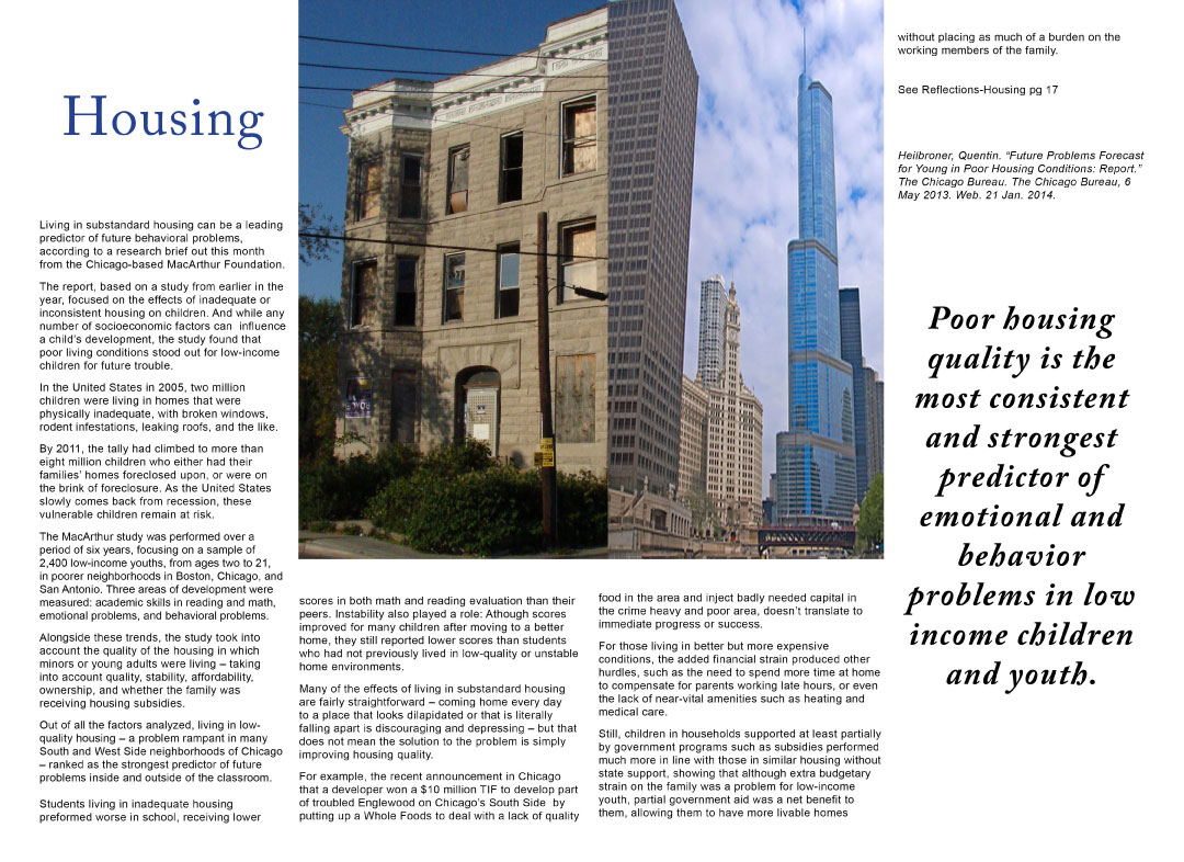 Chicago Now magazine fourth, 2 page layout design of article,
             Reflections of a City - Housing written by Carin Camen.